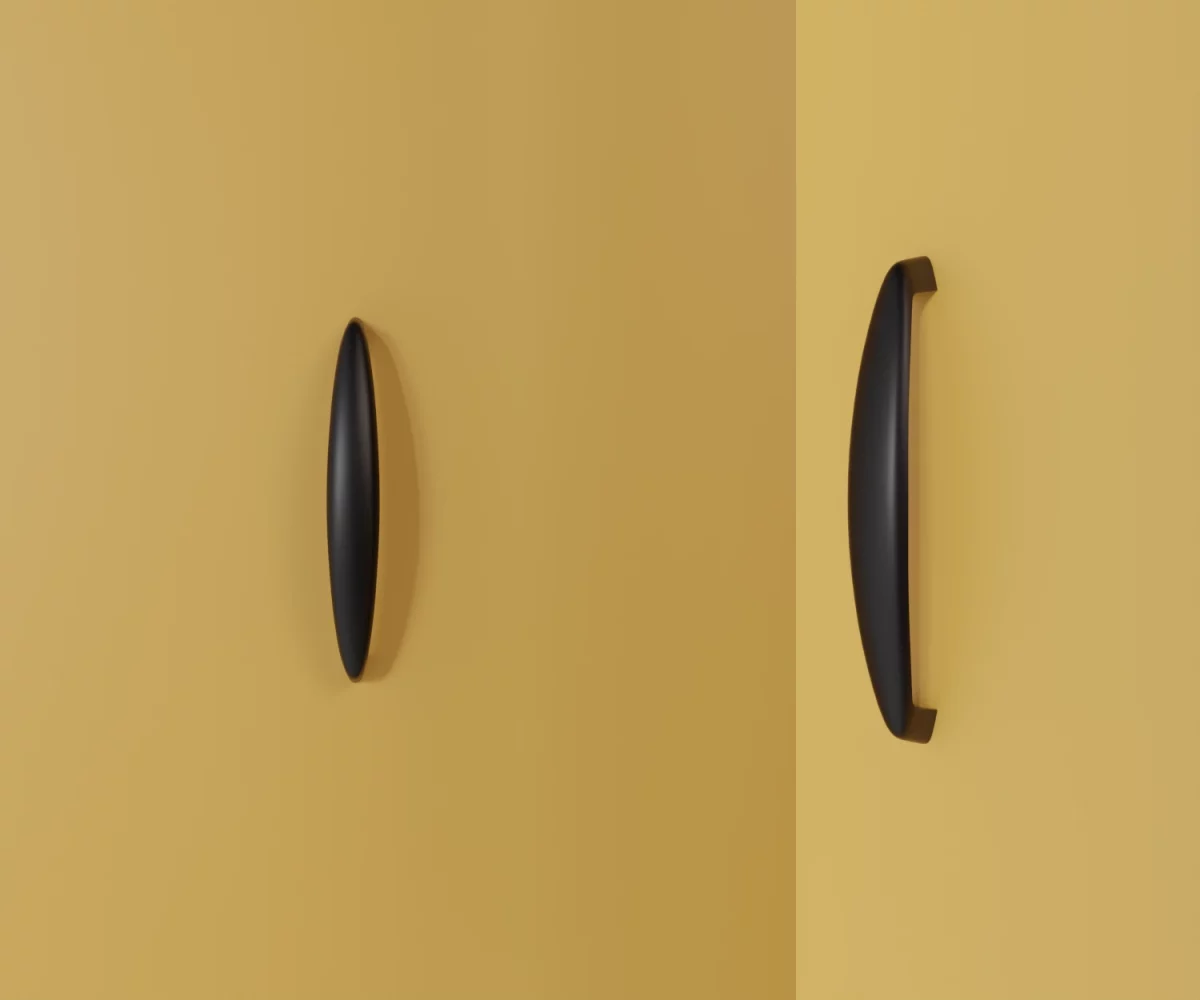 Zwei mattschwarze Zink-Möbelgriffe vom Typ HA-ZI-11027 vor gelbem Hintergrund: links in Frontalansicht, rechts in Dreiviertelansicht.