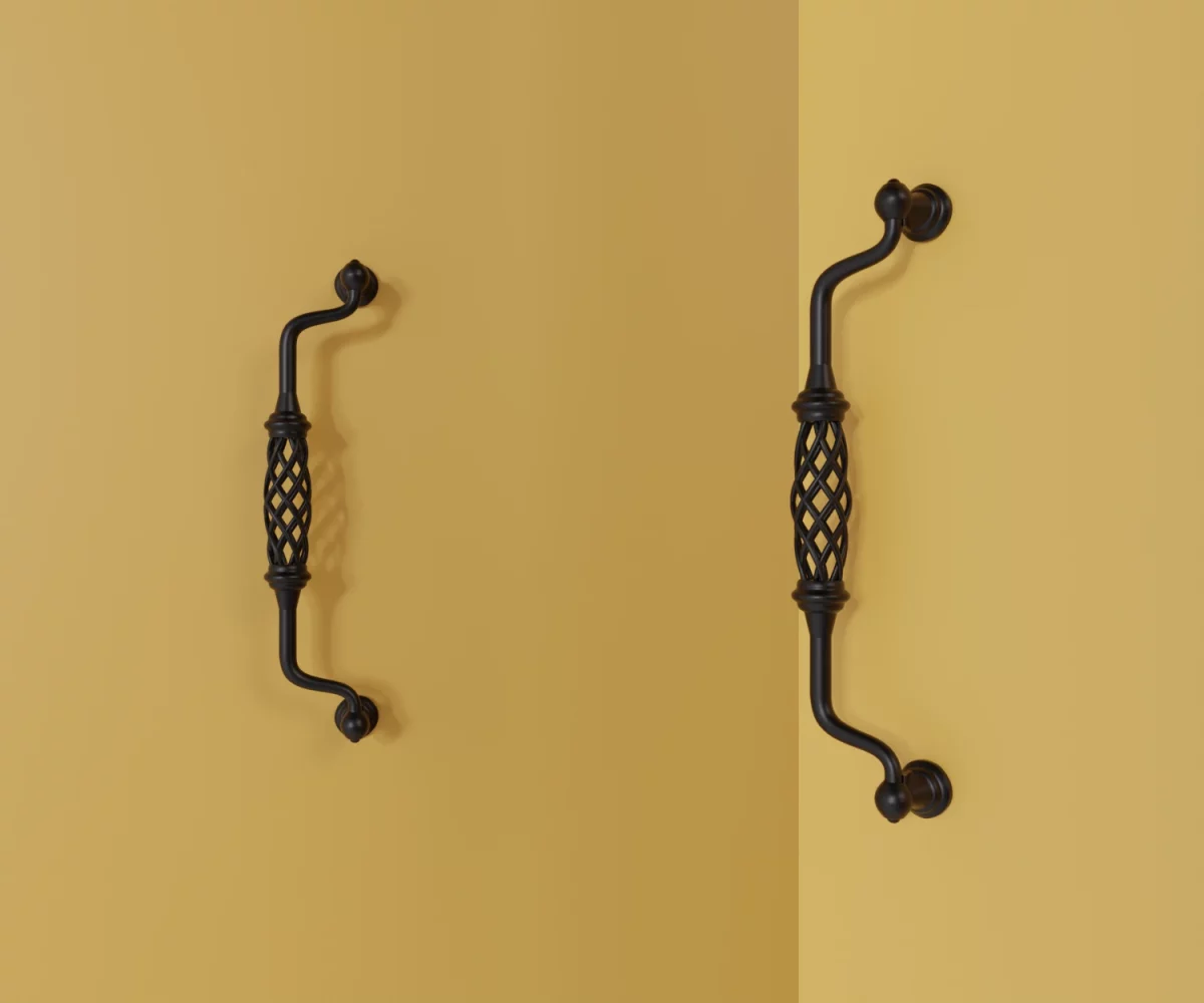 Zwei mattschwarze Zink-Möbelgriffe vom Typ HA-ZI-11028 vor gelbem Hintergrund: links in Frontalansicht, rechts in Dreiviertelansicht.