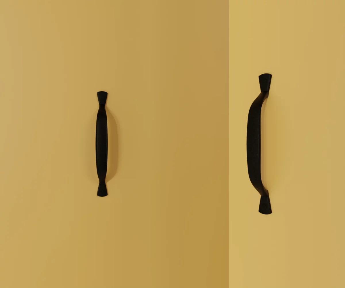 Zwei braune gleitgeschliffene Zink-Möbelgriffe vom Typ HA-ZI-11030 vor gelbem Hintergrund: links in Frontalansicht, rechts in Dreiviertelansicht.