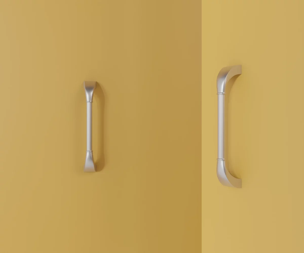 Zwei silberne Zink-Möbelgriffe vom Typ HA-ZI-11038 vor gelbem Hintergrund: links in Frontalansicht, rechts in Dreiviertelansicht.