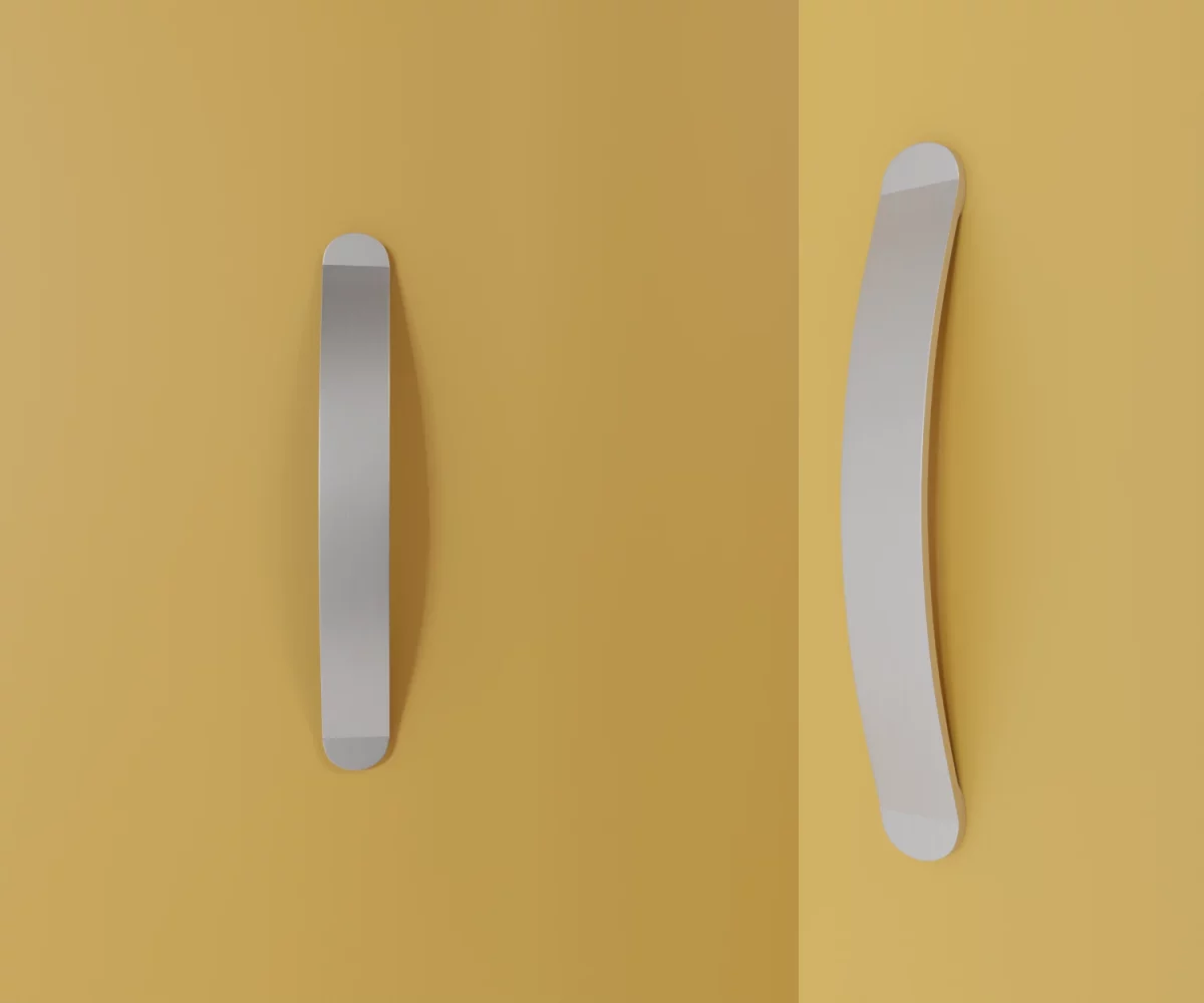 Zwei silberne Zink-Möbelgriffe vom Typ HA-ZI-11062 vor gelbem Hintergrund: links in Frontalansicht, rechts in Dreiviertelansicht.