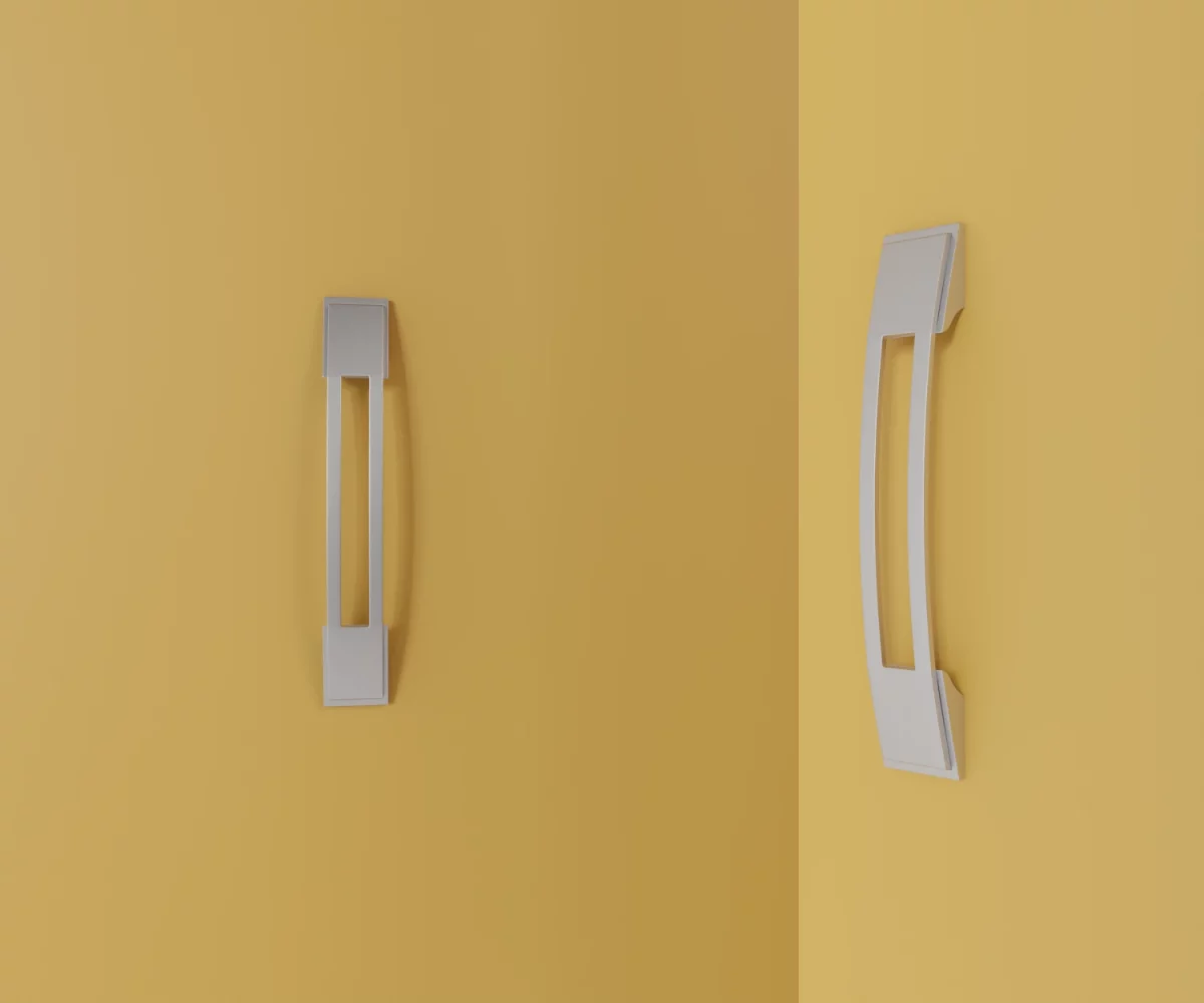 Zwei silberne Zink-Möbelgriffe vom Typ HA-ZI-11076 vor gelbem Hintergrund: links in Frontalansicht, rechts in Dreiviertelansicht.