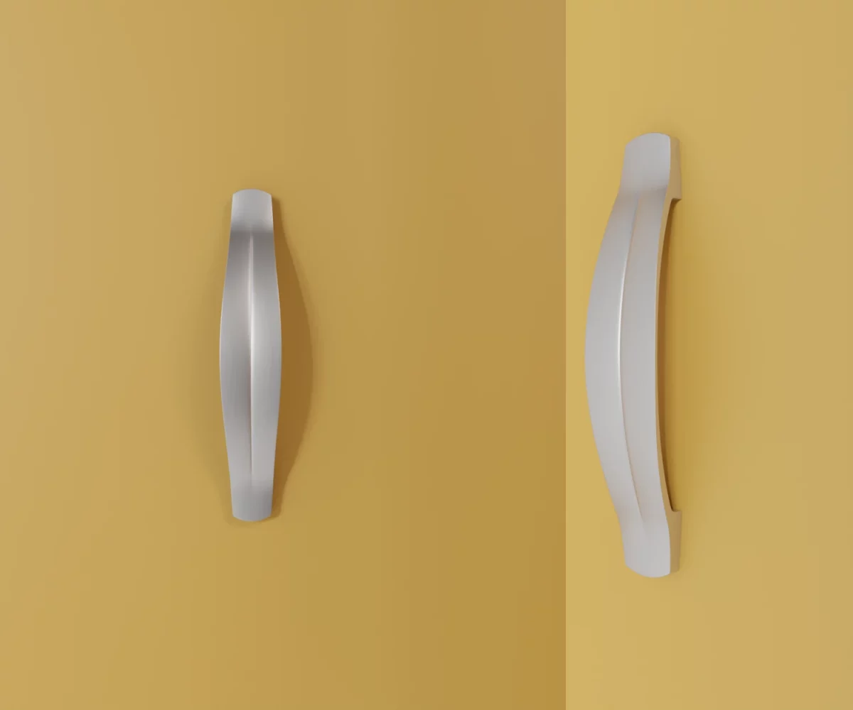 Zwei silberne Zink-Möbelgriffe vom Typ HA-ZI-11084 vor gelbem Hintergrund: links in Frontalansicht, rechts in Dreiviertelansicht.