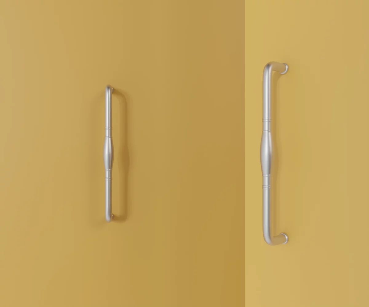 Zwei silberne Zink-Möbelgriffe vom Typ HA-ZI-11087 vor gelbem Hintergrund: links in Frontalansicht, rechts in Dreiviertelansicht.