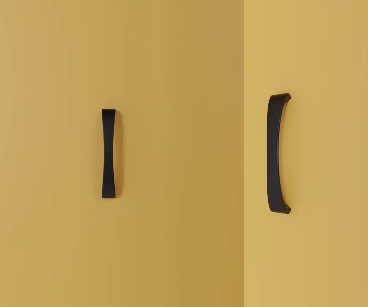 Zwei mattschwarze Zink-Möbelgriffe vom Typ HA-ZI-11138 vor gelbem Hintergrund: links in Frontalansicht, rechts in Dreiviertelansicht.