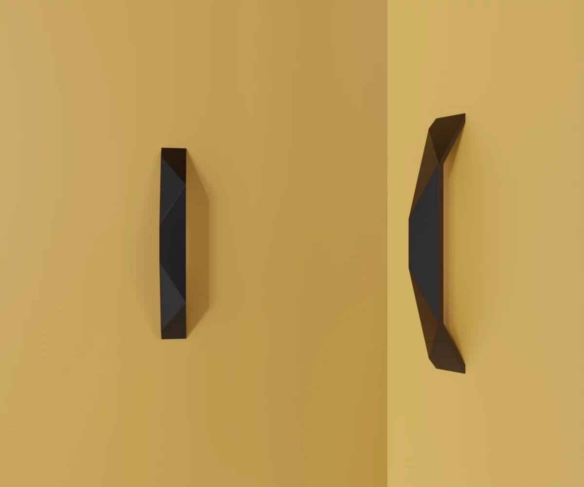 Zwei mattschwarze Zink-Möbelgriffe vom Typ HA-ZI-11141 vor gelbem Hintergrund: links in Frontalansicht, rechts in Dreiviertelansicht.