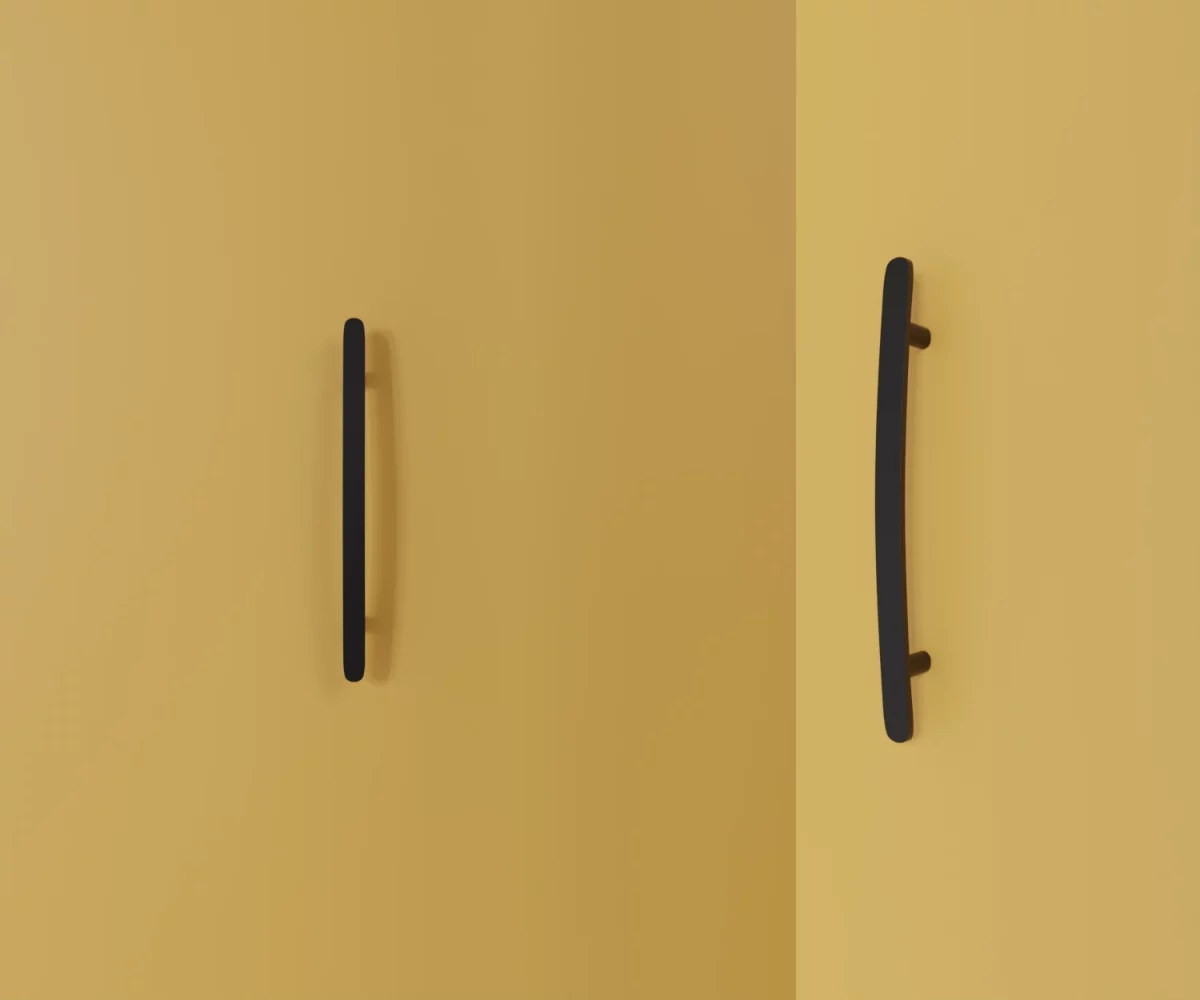 Zwei mattschwarze Zink-Möbelgriffe vom Typ HA-ZI-11142 vor gelbem Hintergrund: links in Frontalansicht, rechts in Dreiviertelansicht.