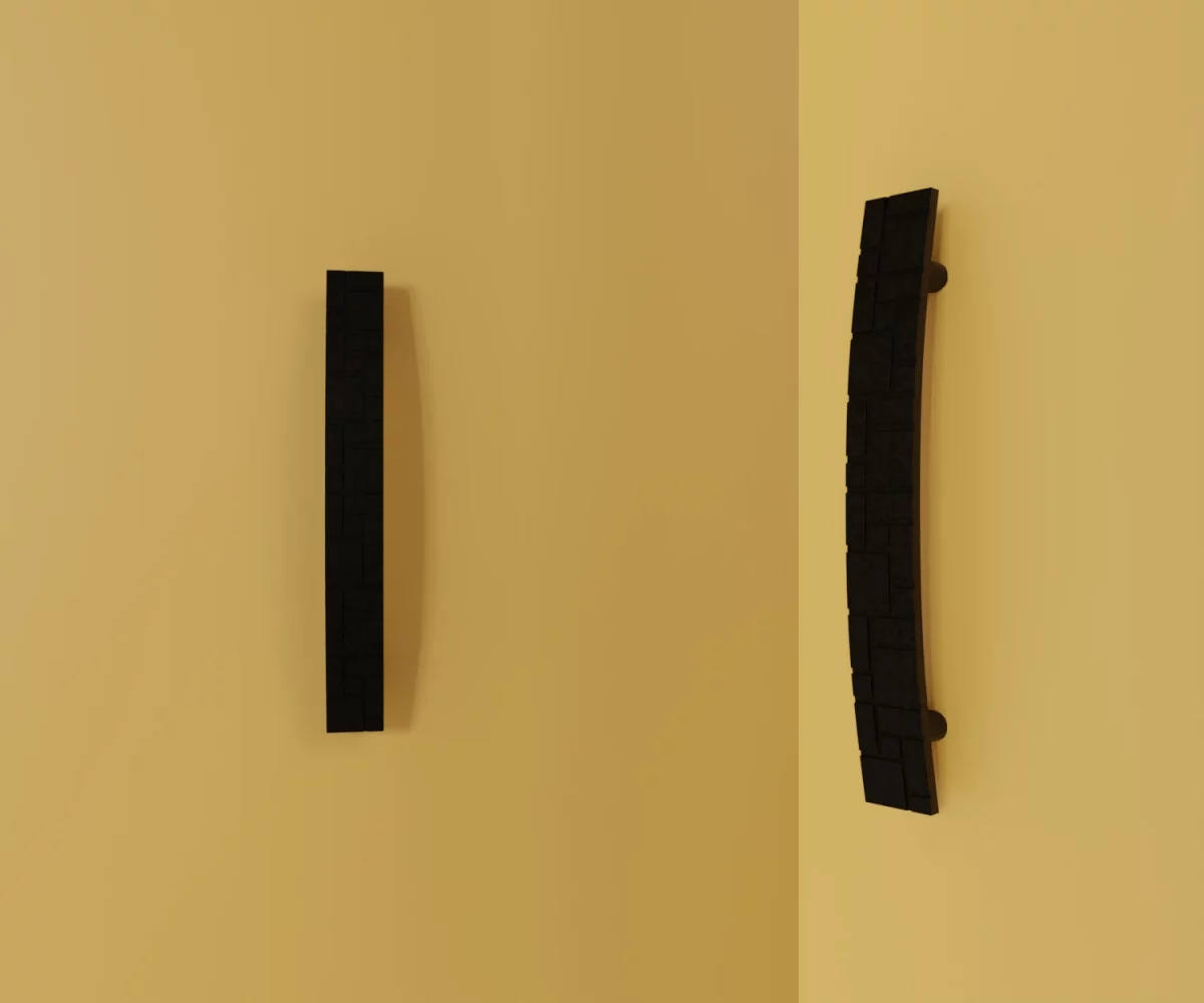 Zwei braune gleitgeschliffene Zink-Möbelgriffe vom Typ HA-ZI-11144 vor gelbem Hintergrund: links in Frontalansicht, rechts in Dreiviertelansicht.