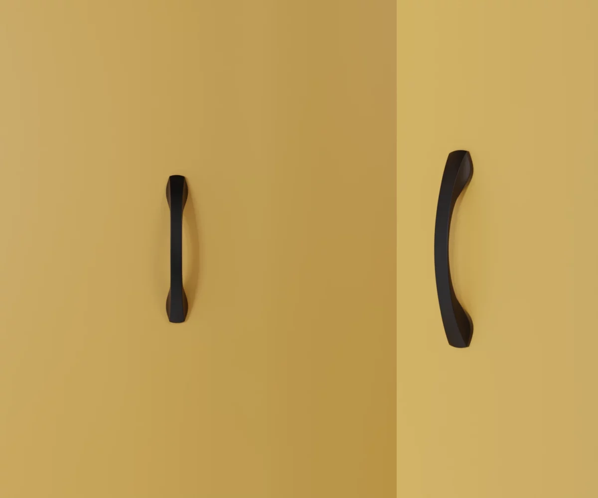 Zwei mattschwarze Zink-Möbelgriffe vom Typ HA-ZI-11151 vor gelbem Hintergrund: links in Frontalansicht, rechts in Dreiviertelansicht.