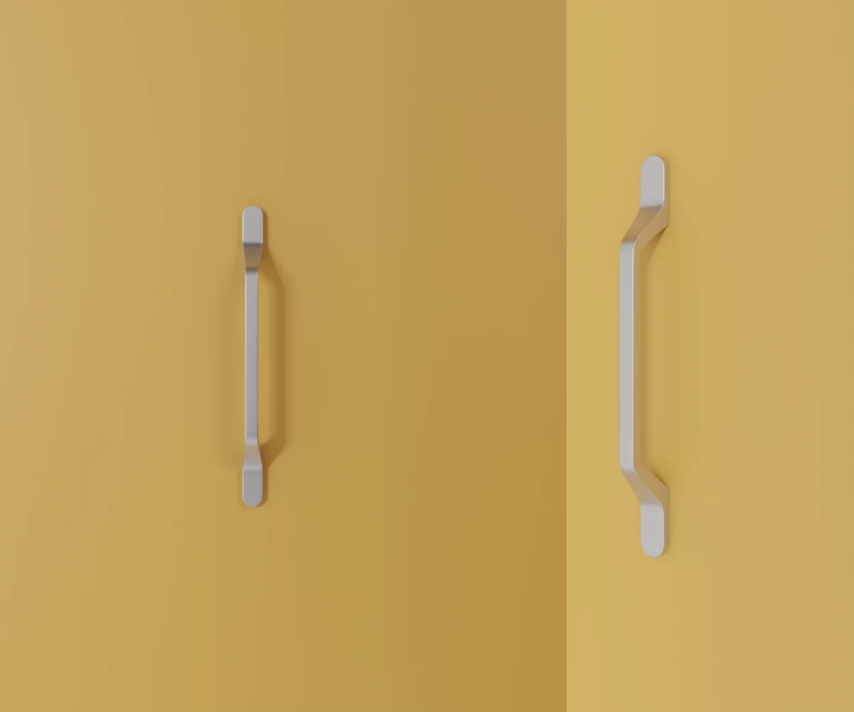 Zwei silberne Zink-Möbelgriffe vom Typ HA-ZI-11161 vor gelbem Hintergrund: links in Frontalansicht, rechts in Dreiviertelansicht.