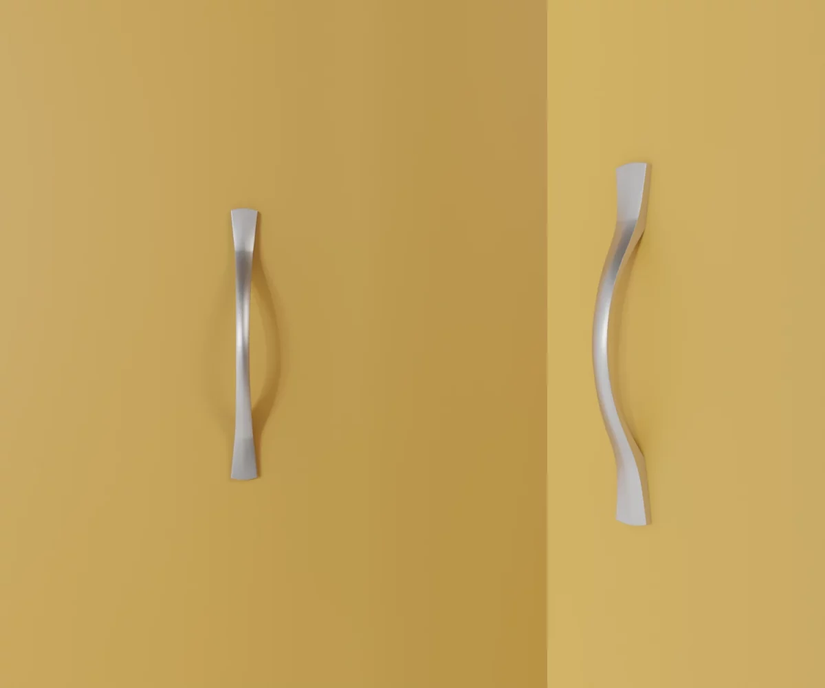 Zwei silberne Zink-Möbelgriffe vom Typ HA-ZI-11162 vor gelbem Hintergrund: links in Frontalansicht, rechts in Dreiviertelansicht.