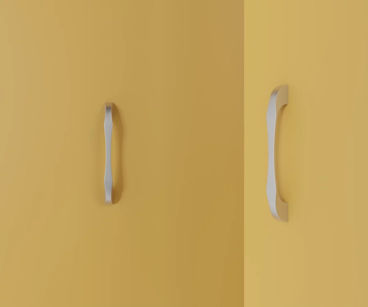 Zwei silberne Zink-Möbelgriffe vom Typ HA-ZI-11163 vor gelbem Hintergrund: links in Frontalansicht, rechts in Dreiviertelansicht.