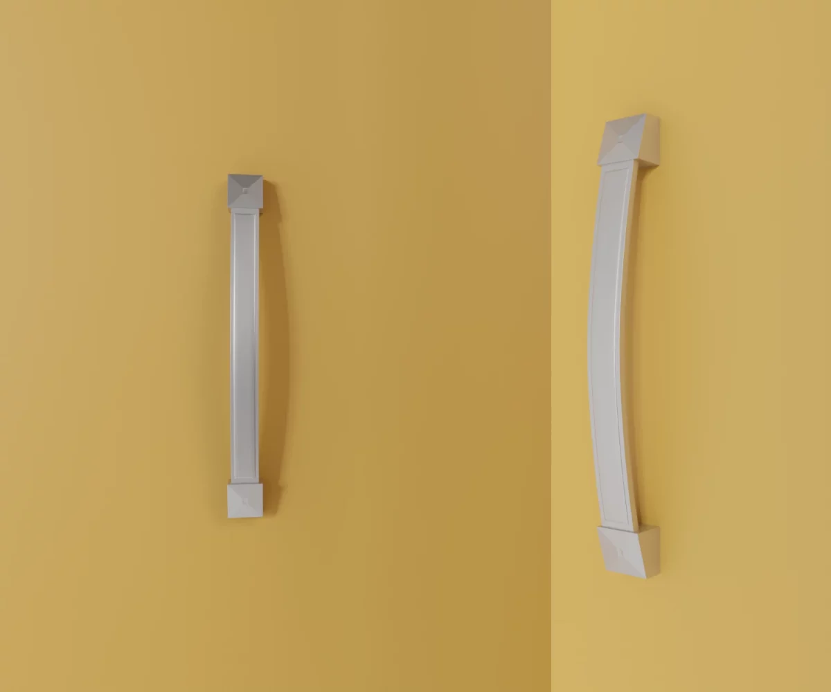 Zwei silberne Zink-Möbelgriffe vom Typ HA-ZI-12005 vor gelbem Hintergrund: links in Frontalansicht, rechts in Dreiviertelansicht.