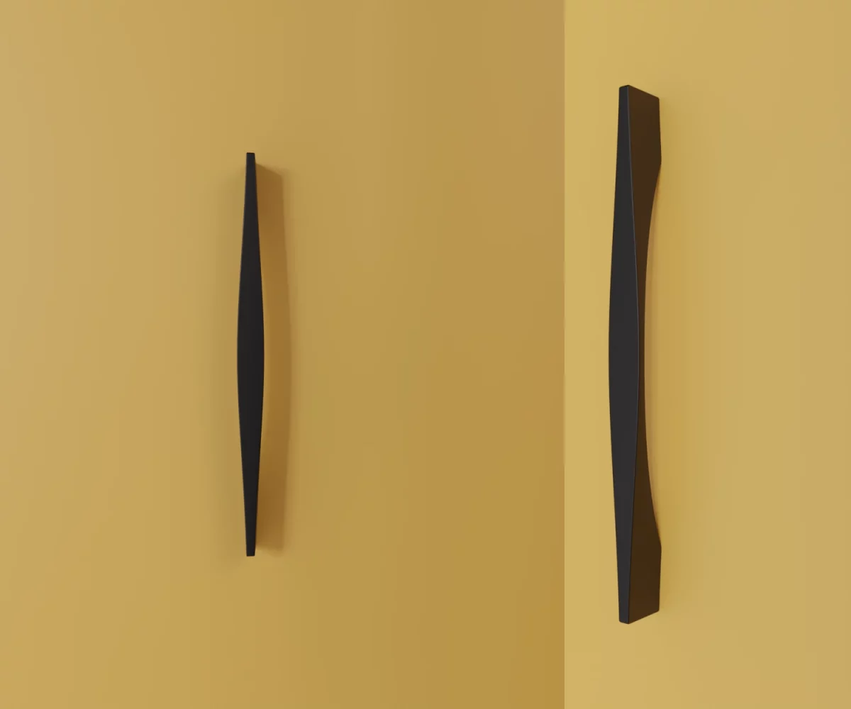 Zwei mattschwarze Zink-Möbelgriffe vom Typ HA-ZI-12006 vor gelbem Hintergrund: links in Frontalansicht, rechts in Dreiviertelansicht.