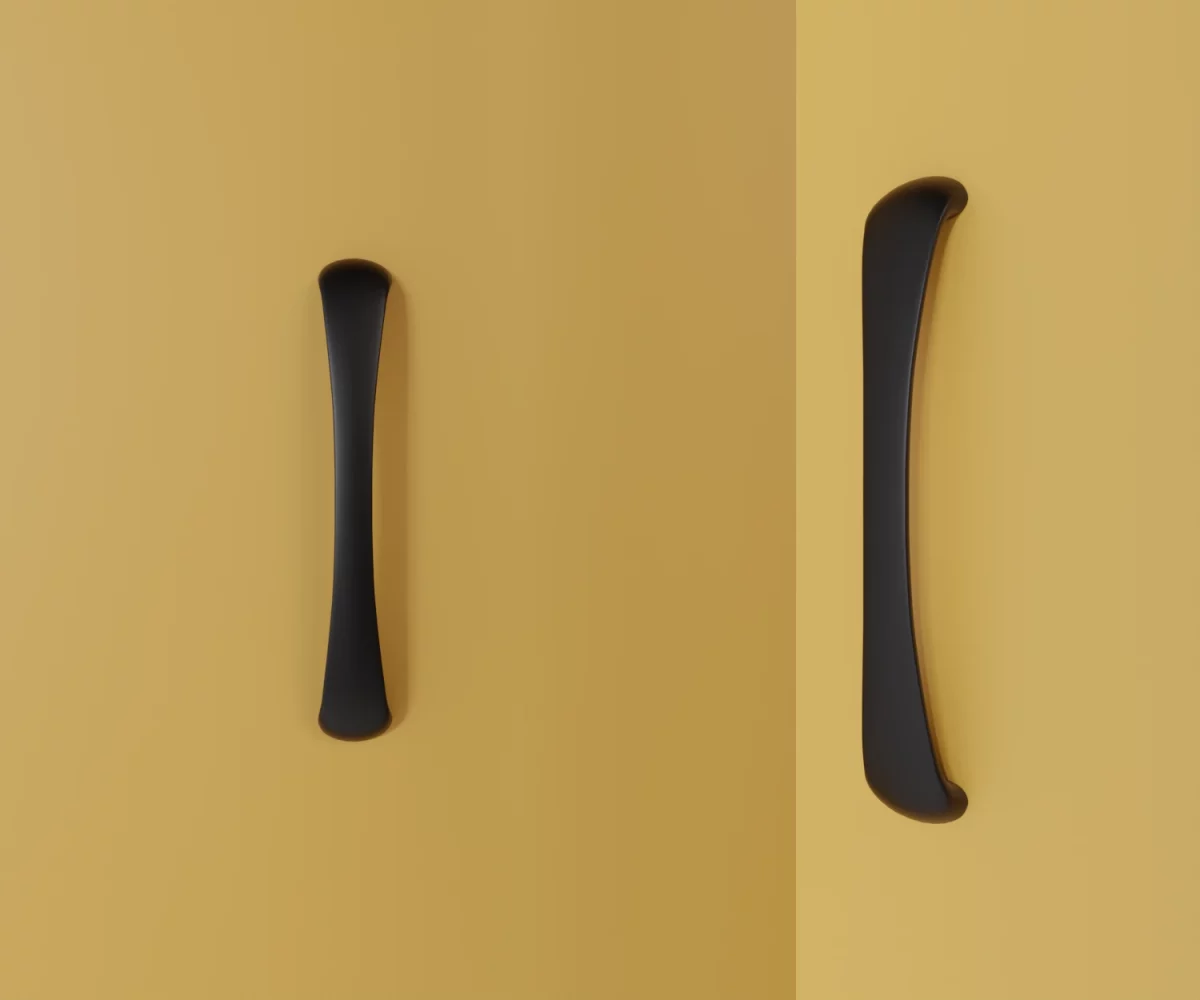 Zwei mattschwarze Zink-Möbelgriffe vom Typ HA-ZI-12007 vor gelbem Hintergrund: links in Frontalansicht, rechts in Dreiviertelansicht.