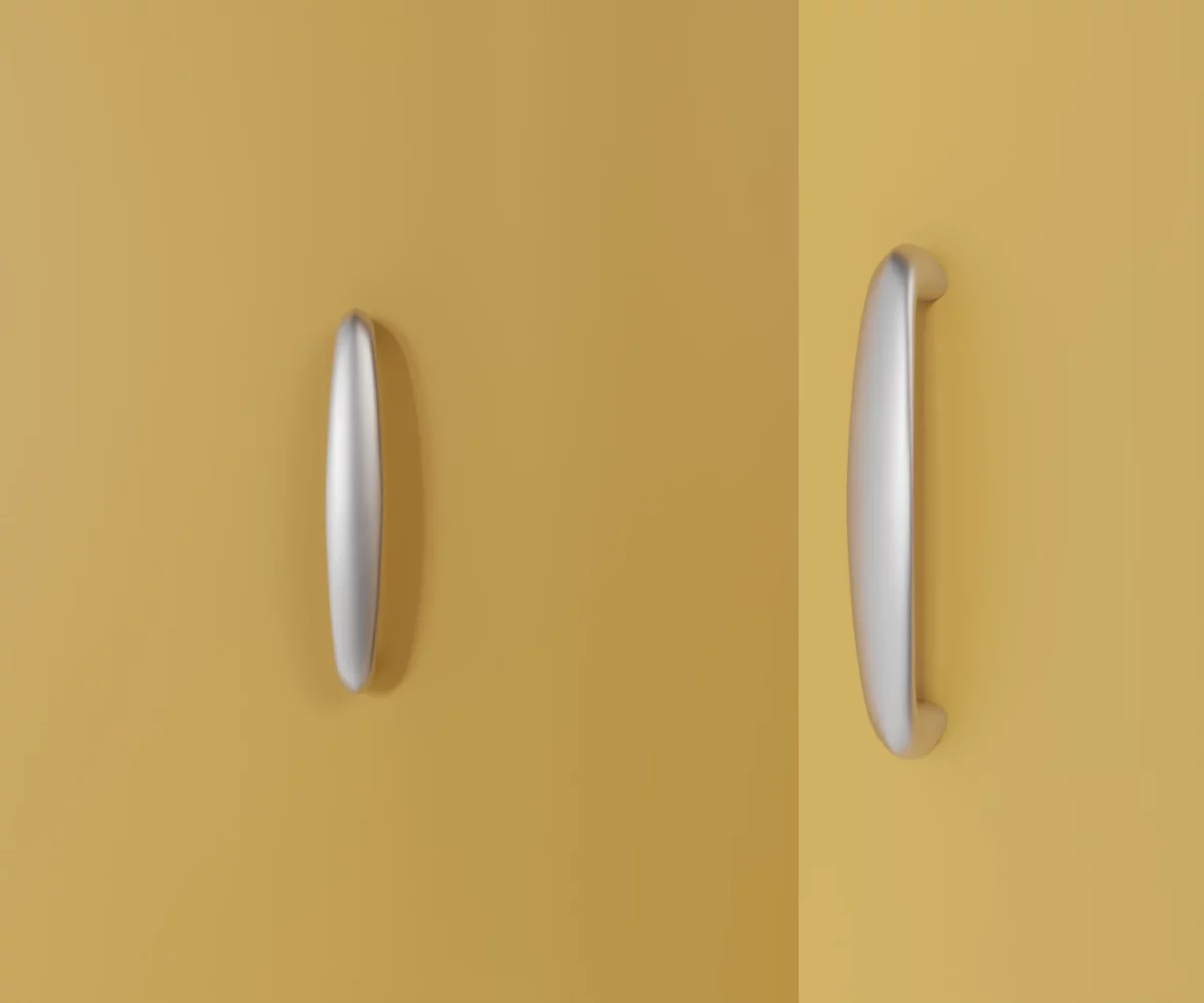 Zwei silberne Zink-Möbelgriffe vom Typ HA-ZI-12020 vor gelbem Hintergrund: links in Frontalansicht, rechts in Dreiviertelansicht.