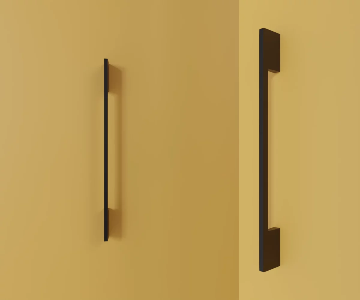 Zwei mattschwarze Zink-Möbelgriffe vom Typ HA-ZI-12025 vor gelbem Hintergrund: links in Frontalansicht, rechts in Dreiviertelansicht.