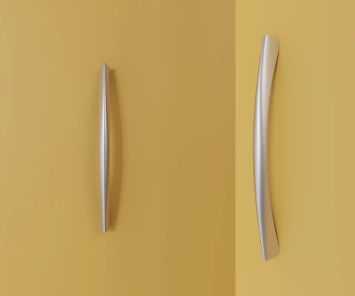 Zwei silberne Zink-Möbelgriffe vom Typ HA-ZI-12028 vor gelbem Hintergrund: links in Frontalansicht, rechts in Dreiviertelansicht.