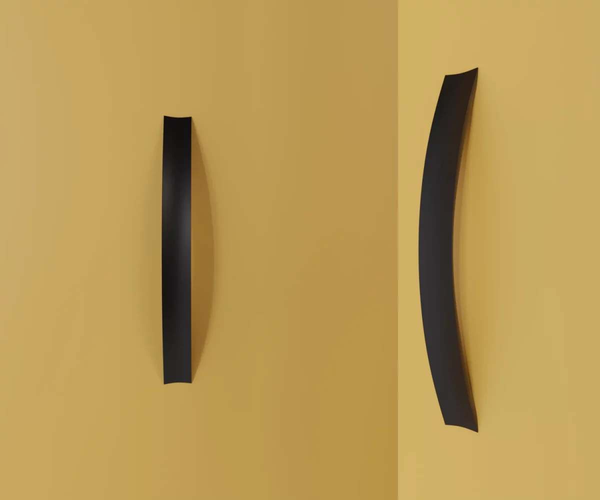 Zwei mattschwarze Zink-Möbelgriffe vom Typ HA-ZI-12029 vor gelbem Hintergrund: links in Frontalansicht, rechts in Dreiviertelansicht.