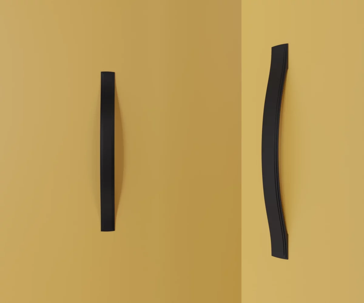 Zwei mattschwarze Zink-Möbelgriffe vom Typ HA-ZI-12030 vor gelbem Hintergrund: links in Frontalansicht, rechts in Dreiviertelansicht.
