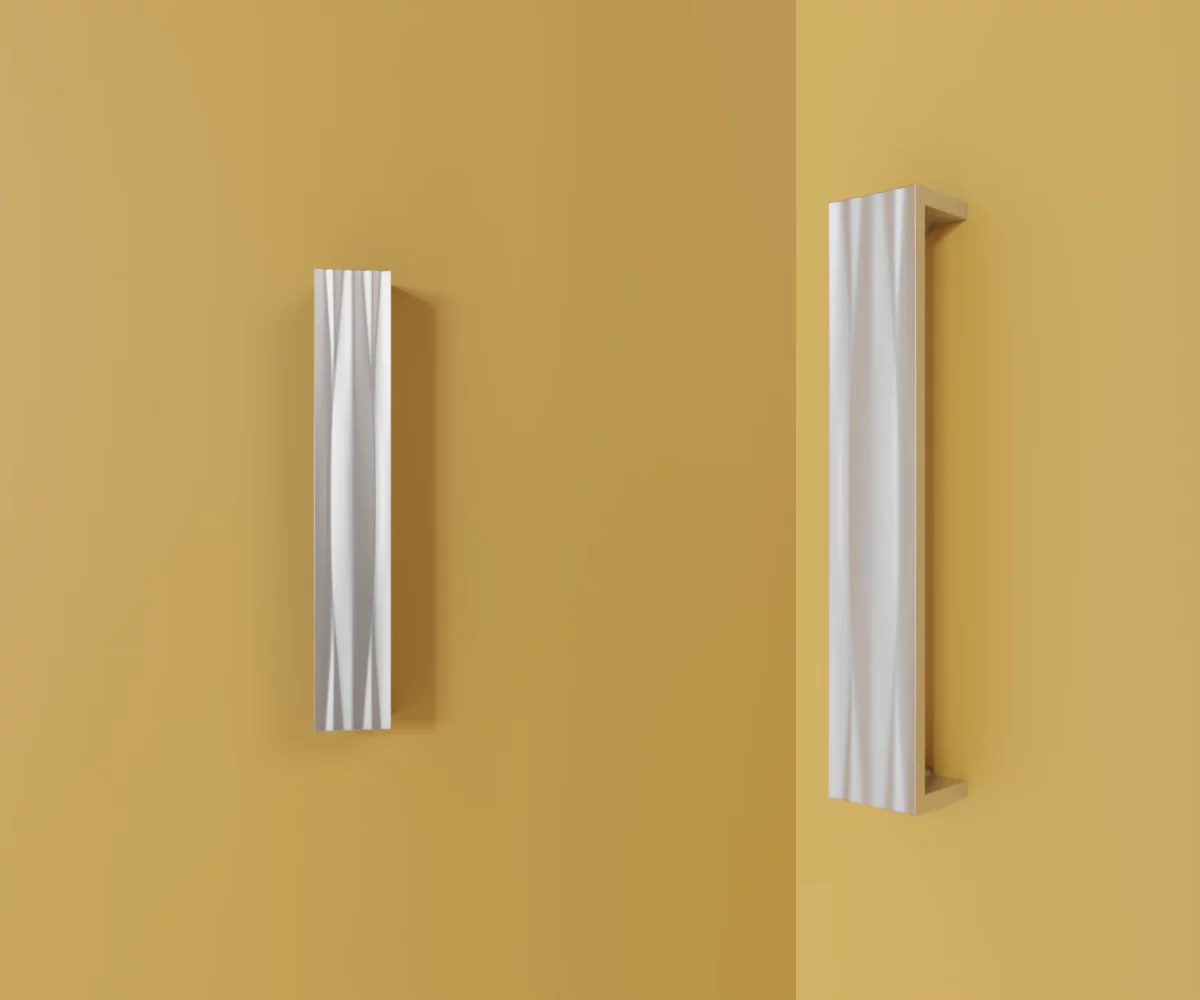 Zwei silberne Zink-Möbelgriffe vom Typ HA-ZI-12032 vor gelbem Hintergrund: links in Frontalansicht, rechts in Dreiviertelansicht.