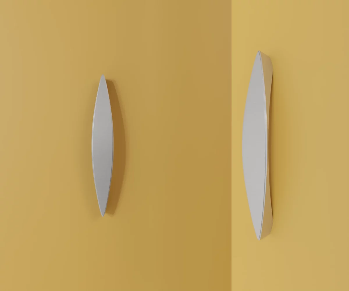 Zwei silberne Zink-Möbelgriffe vom Typ HA-ZI-17003 vor gelbem Hintergrund: links in Frontalansicht, rechts in Dreiviertelansicht.