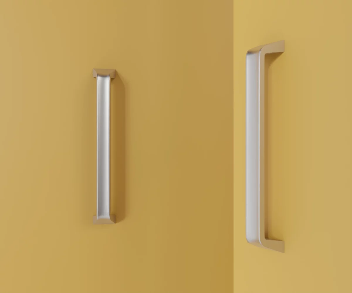 Zwei silberne Zink-Möbelgriffe vom Typ HA-ZI-17004 vor gelbem Hintergrund: links in Frontalansicht, rechts in Dreiviertelansicht.