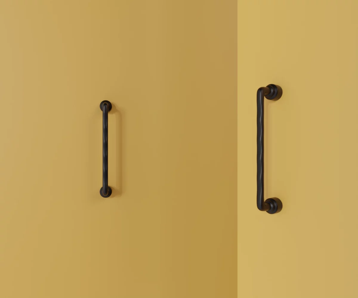Zwei mattschwarze Zink-Möbelgriffe vom Typ HA-ZI-19023 vor gelbem Hintergrund: links in Frontalansicht, rechts in Dreiviertelansicht.