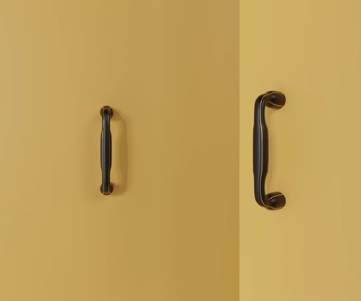 Zwei mattschwarze Zink-Möbelgriffe mit goldenen Akzentlinien vom Typ HA-ZI-19025 vor gelbem Hintergrund: links in Frontalansicht, rechts in Dreiviertelansicht.