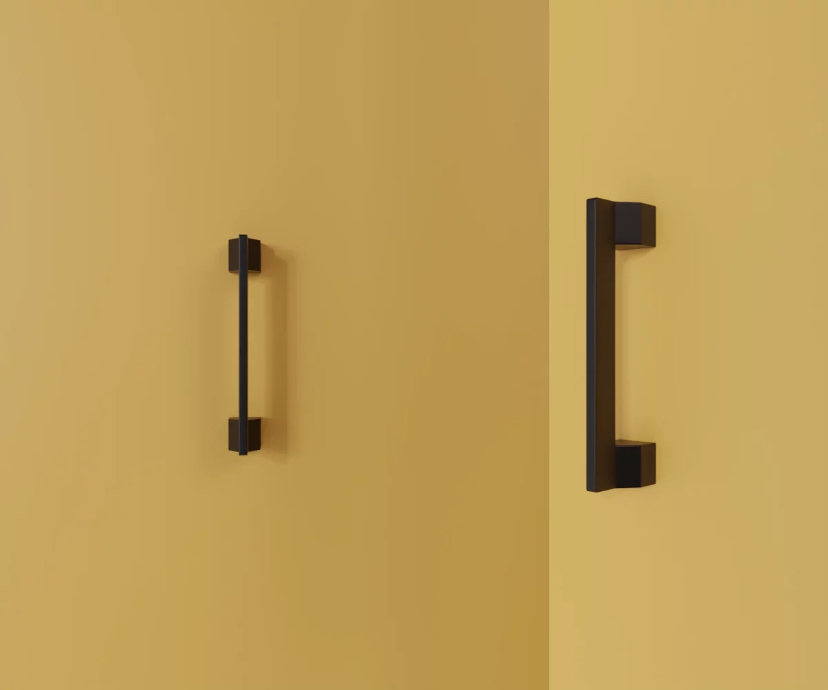 Zwei mattschwarze Zink-Möbelgriffe vom Typ HA-ZI-19027 vor gelbem Hintergrund: links in Frontalansicht, rechts in Dreiviertelansicht.