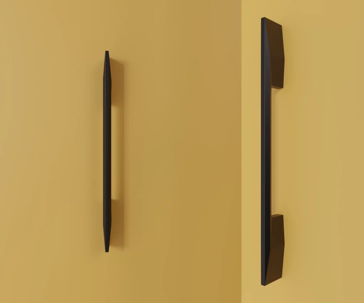 Zwei mattschwarze Zink-Möbelgriffe vom Typ HA-ZI-22008 vor gelbem Hintergrund: links in Frontalansicht, rechts in Dreiviertelansicht.