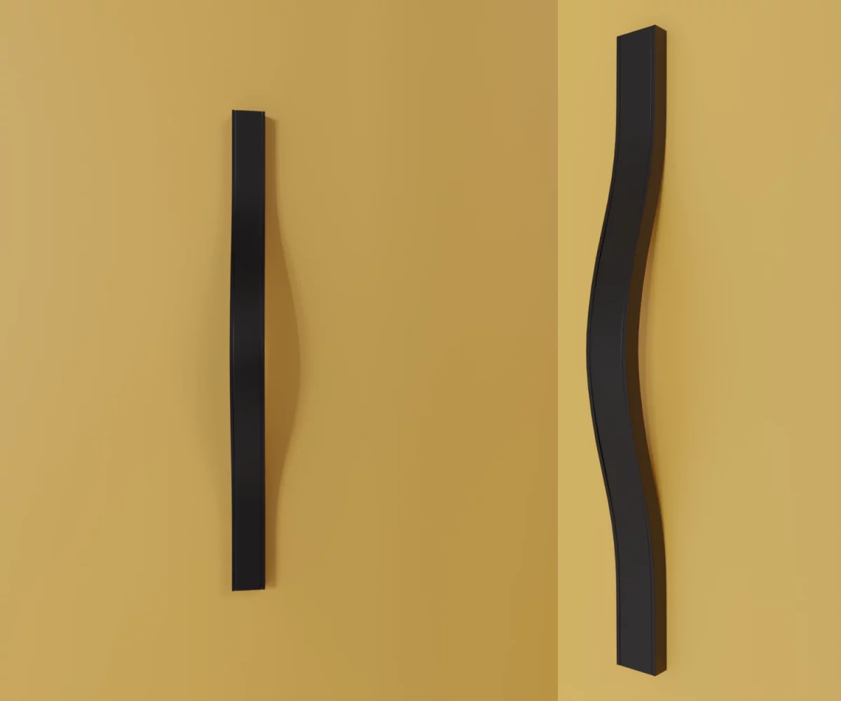 Zwei mattschwarze Zink-Möbelgriffe vom Typ HA-ZI-22010 vor gelbem Hintergrund: links in Frontalansicht, rechts in Dreiviertelansicht.