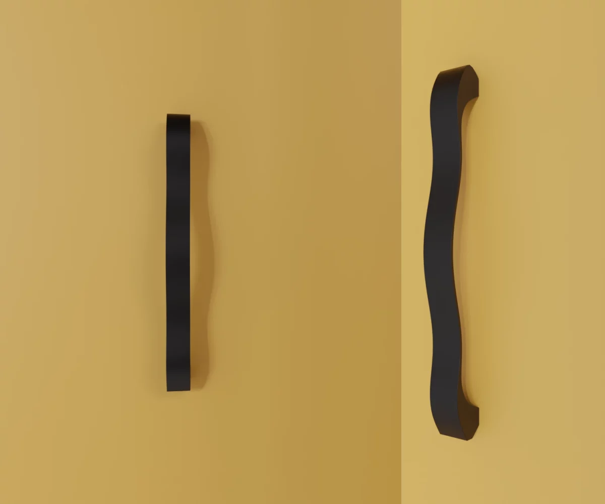 Zwei mattschwarze Zink-Möbelgriffe vom Typ HA-ZI-22019 vor gelbem Hintergrund: links in Frontalansicht, rechts in Dreiviertelansicht.