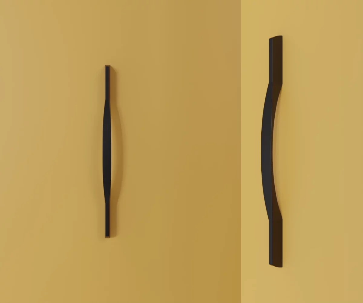 Zwei mattschwarze Zink-Möbelgriffe vom Typ HA-ZI-22021 vor gelbem Hintergrund: links in Frontalansicht, rechts in Dreiviertelansicht.