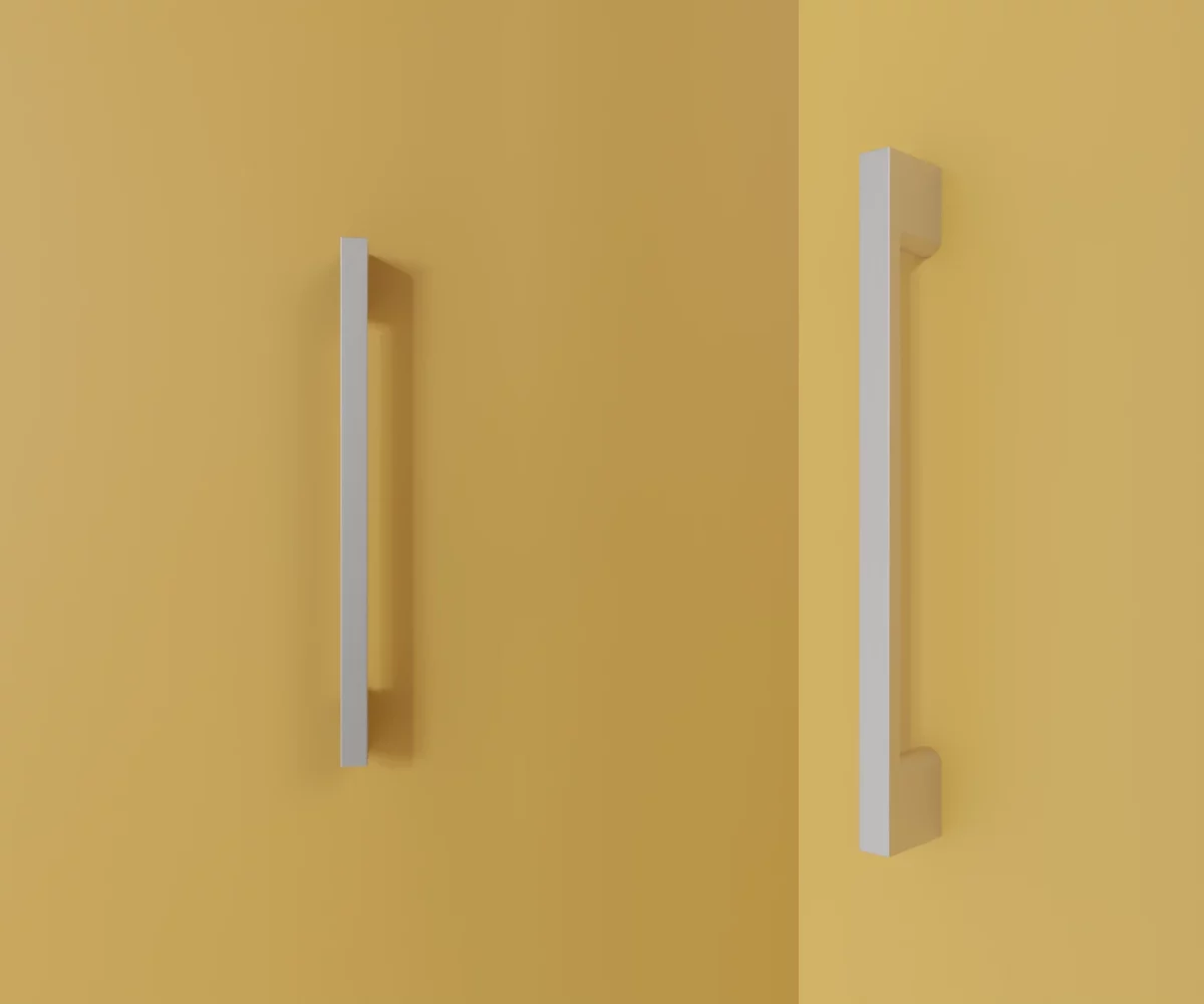 Silberfarbener Aluminium-Möbelgriff HA-AD-10031 mit klarer, kantiger Formgebung. Der Griff besteht aus einem rechtwinkligen, länglichen Bügel mit flachen Seitenflächen und einem durchgehend rechteckigen Querschnitt. Die Enden schließen rechtwinklig an und bilden eine sachlich-lineare Silhouette ohne Rundungen. Der Griff ist auf der linken Seite des Bildes in Frontalansicht und auf der rechten Seite des Bildes in Seitenansicht vor pastellgelbem Hintergrund dargestellt, der farblich an einen Vanilleton erinnert.