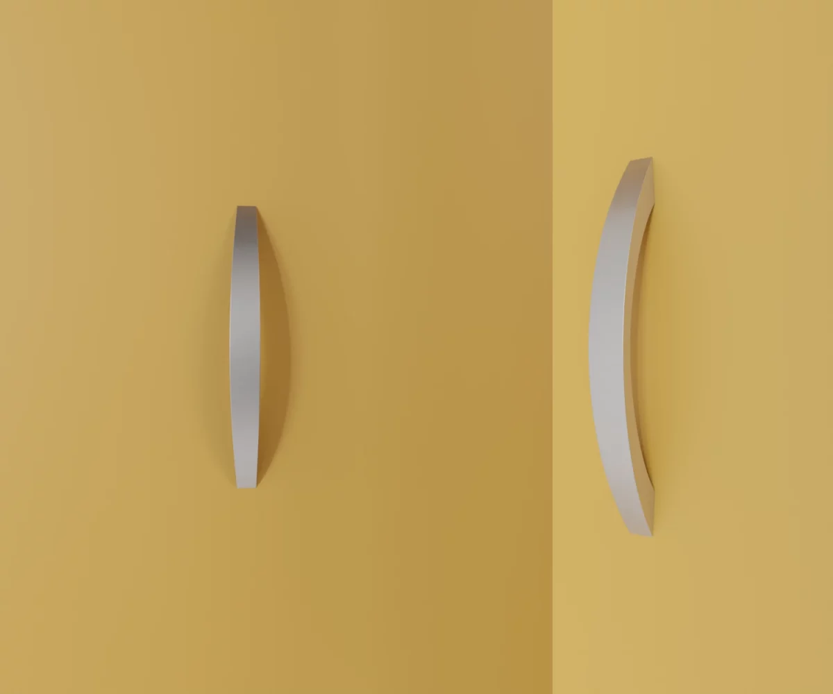 Silberfarbener Aluminium-Möbelgriff HA-AD-10019 mit gebogener Rückseite und leicht konvex gewölbter Vorderseite. Die Griffenden sind gerade geschnitten, die Seitenflächen verlaufen schmal und flach. Der Griff ist auf der linken Seite des Bildes in Frontalansicht und auf der rechten Seite des Bildes in Seitenansicht vor pastellgelbem Hintergrund dargestellt, der farblich an einen Vanilleton erinnert.