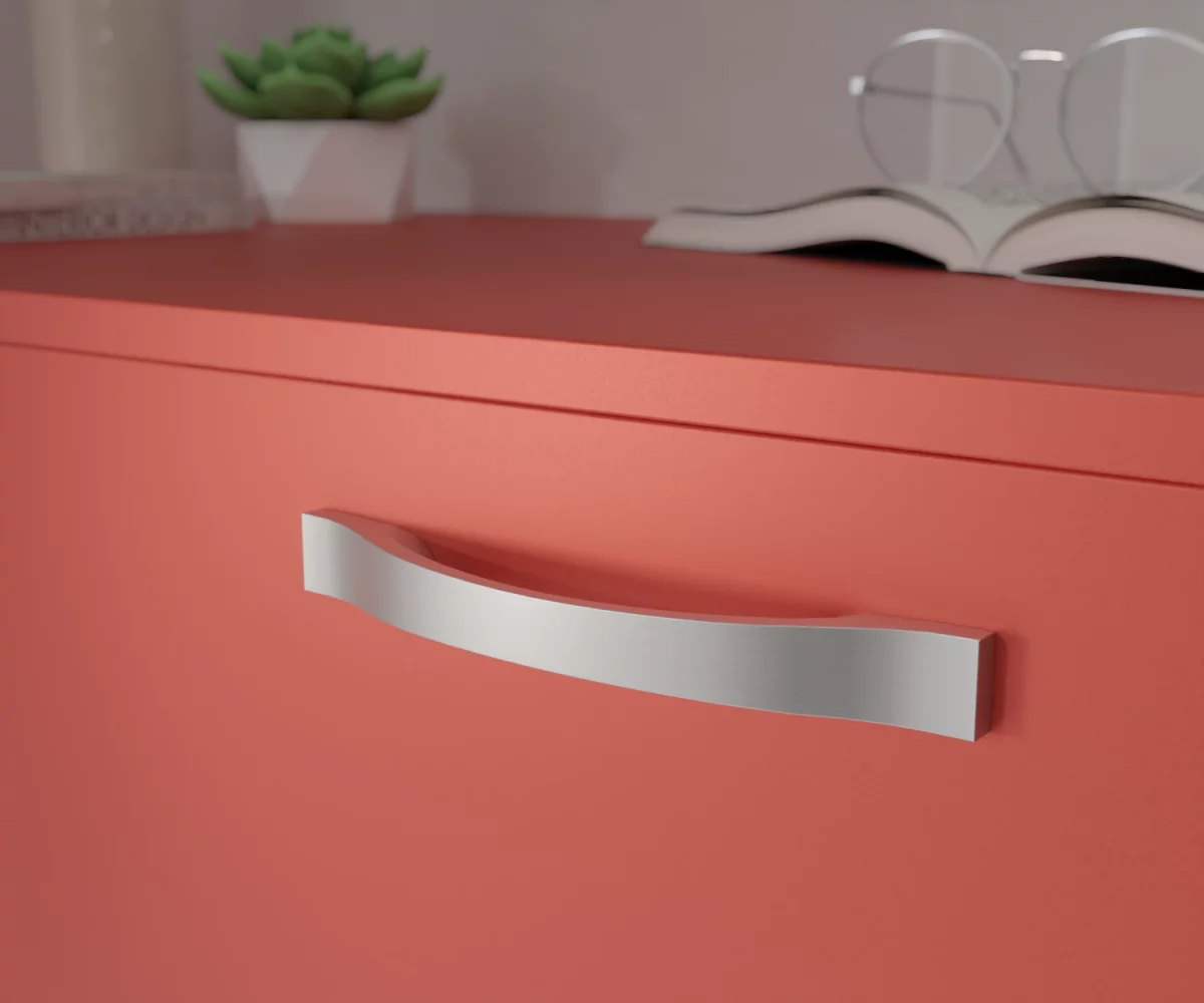 Silberfarbener Aluminium-Möbelgriff HA-AD-10022 mit geschwungener, konkaver Form, die sich zur Mitte hin sanft nach innen wölbt. Die schmalen Enden verlaufen geradlinig und verbinden sich mit der gewölbten Griffpartie. Der Griff ist mittig auf einer korallenroten Schublade montiert dargestellt. Im Hintergrund unscharf dargestellt, befinden sich auf der rechten Seite ein aufgeschlagenes Buch mit einer Brille, die auf diesem Buch liegt. Auf der linken Seite befindet sich eine kleine grüne Pflanze in einem kleinen weißen Topf, links daneben eine hohe Vase und vor dieser Vase liegen zwei Bücher.