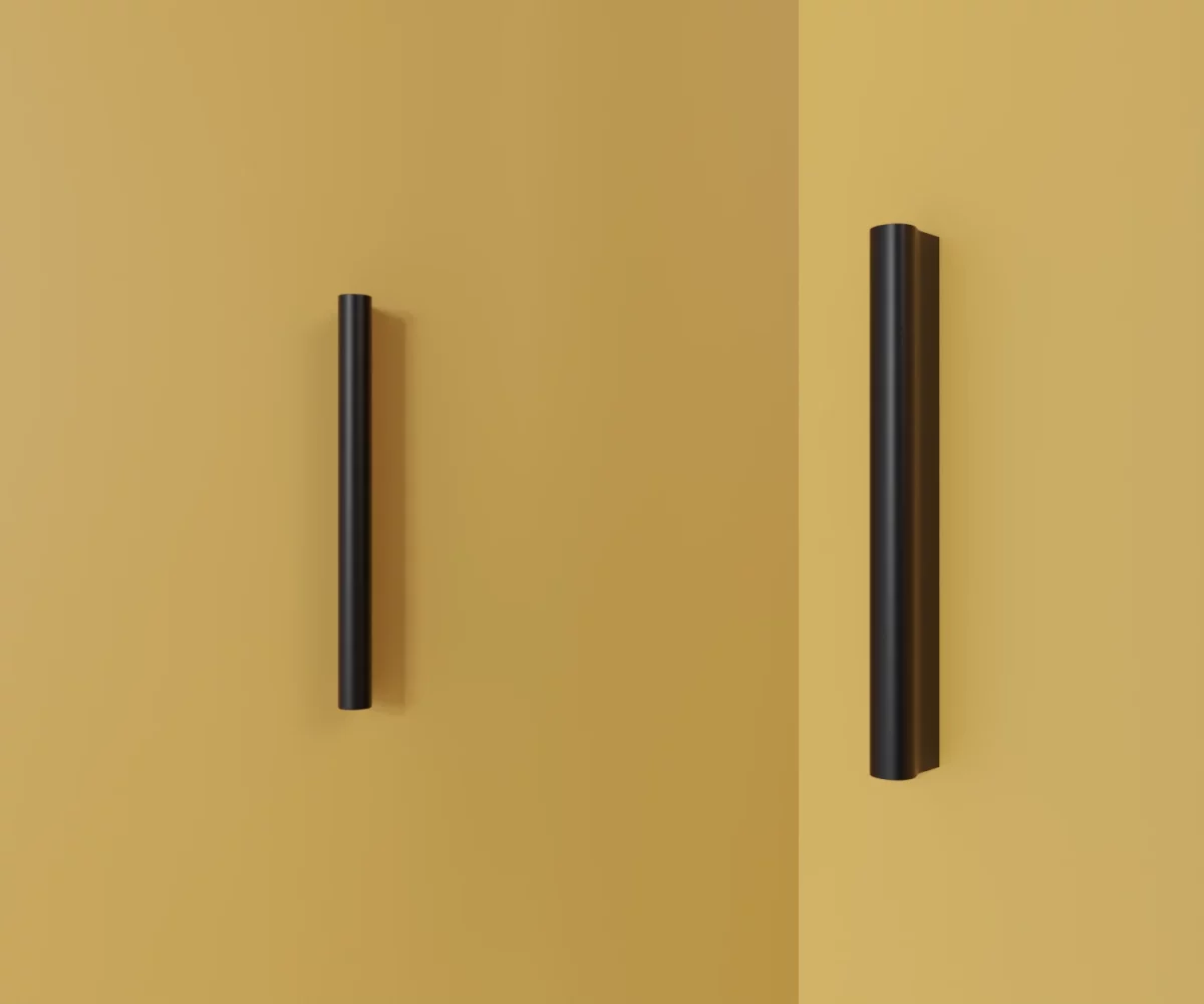 Zwei mattschwarze Kunststoff-Möbelgriffe vom Typ HA-KF-23001 vor gelbem Hintergrund: links in Frontalansicht, rechts in Dreiviertelansicht.