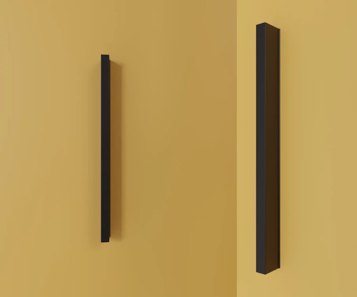 Zwei mattschwarze Kunststoff-Möbelgriffe vom Typ HA-KF-23002 vor gelbem Hintergrund: links in Frontalansicht, rechts in Dreiviertelansicht.