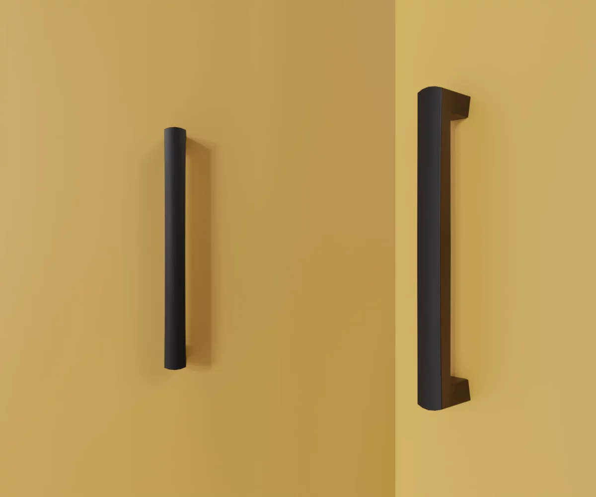 Zwei mattschwarze Kunststoff-Möbelgriffe vom Typ HA-KF-23003 vor gelbem Hintergrund: links in Frontalansicht, rechts in Dreiviertelansicht.