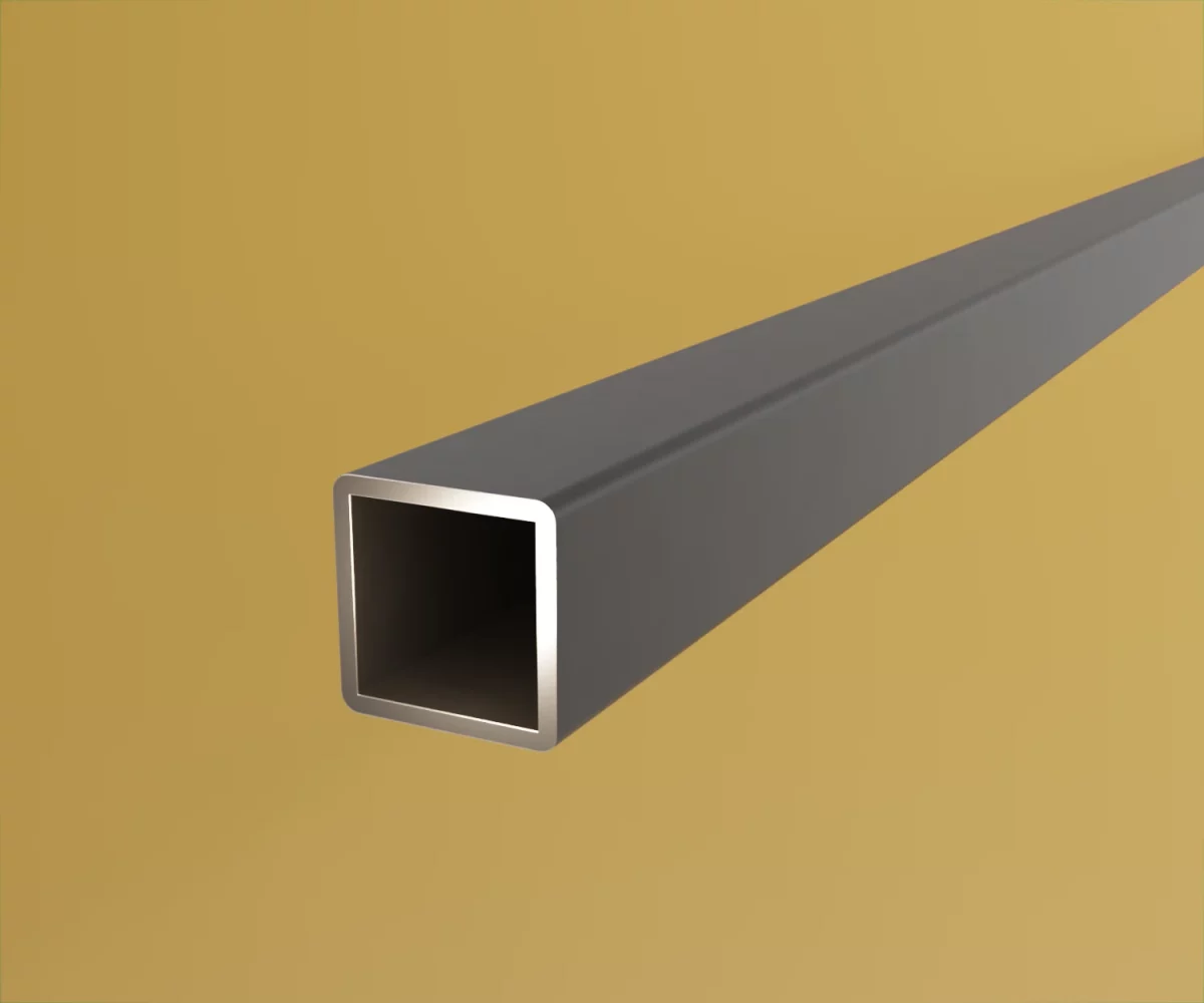 Ein edge-profil vom Typ AP-AE-24002 auf einem gelben Hintergrund. Das Profil ist quadratisch.