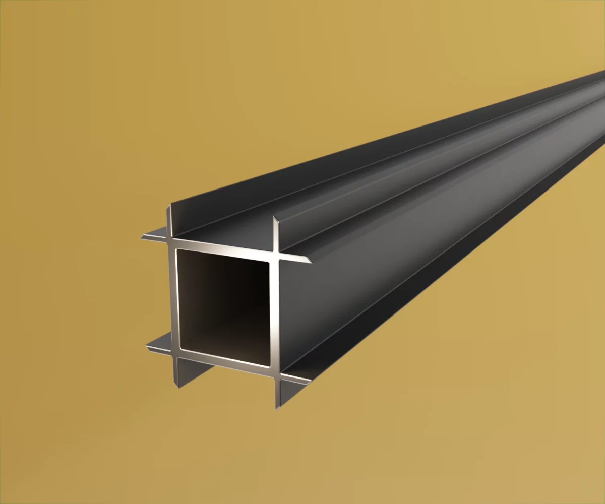 Ein edge-profil vom Typ AP-AE-24095 auf einem gelben Hintergrund. Das Profil ist quadratisch und mit Lippen versehen um vier Platten einzuschieben.