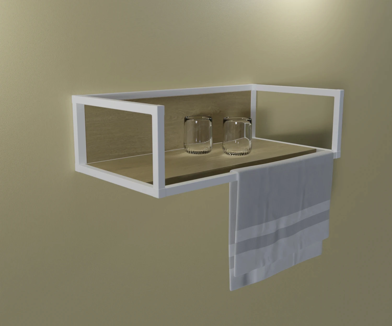 Eine Ablagefläche zusammengestellt aus dem Edge-System, mit weißen Verbindern und Profilen, angebracht an einer beigen Wand. Auf ihr befinden sich 2 Gläser und ein Handtuch hängt an einem Edge-Profil.