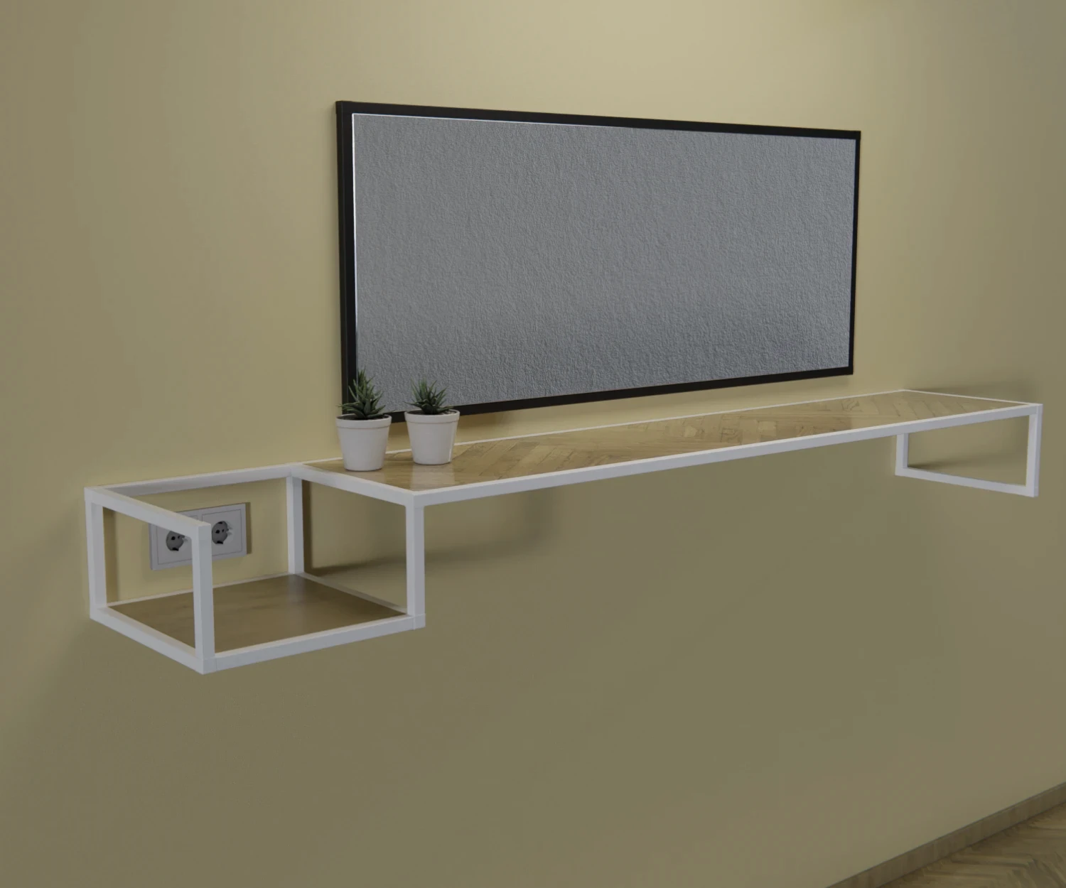 Eine Arbeitsfläche zusammengestellt aus dem Edge-System, mit weißen Verbindern und Profilen, angebracht an einer beigen Wand. Auf ihr befinden sich 2 kleine eingetopfte Pflanzen. Über der Arbeitsfläche befindet sich ein Spiegel, zusammengestellt aus schwarzen Profilen und Verbindern des Edge-Systems.