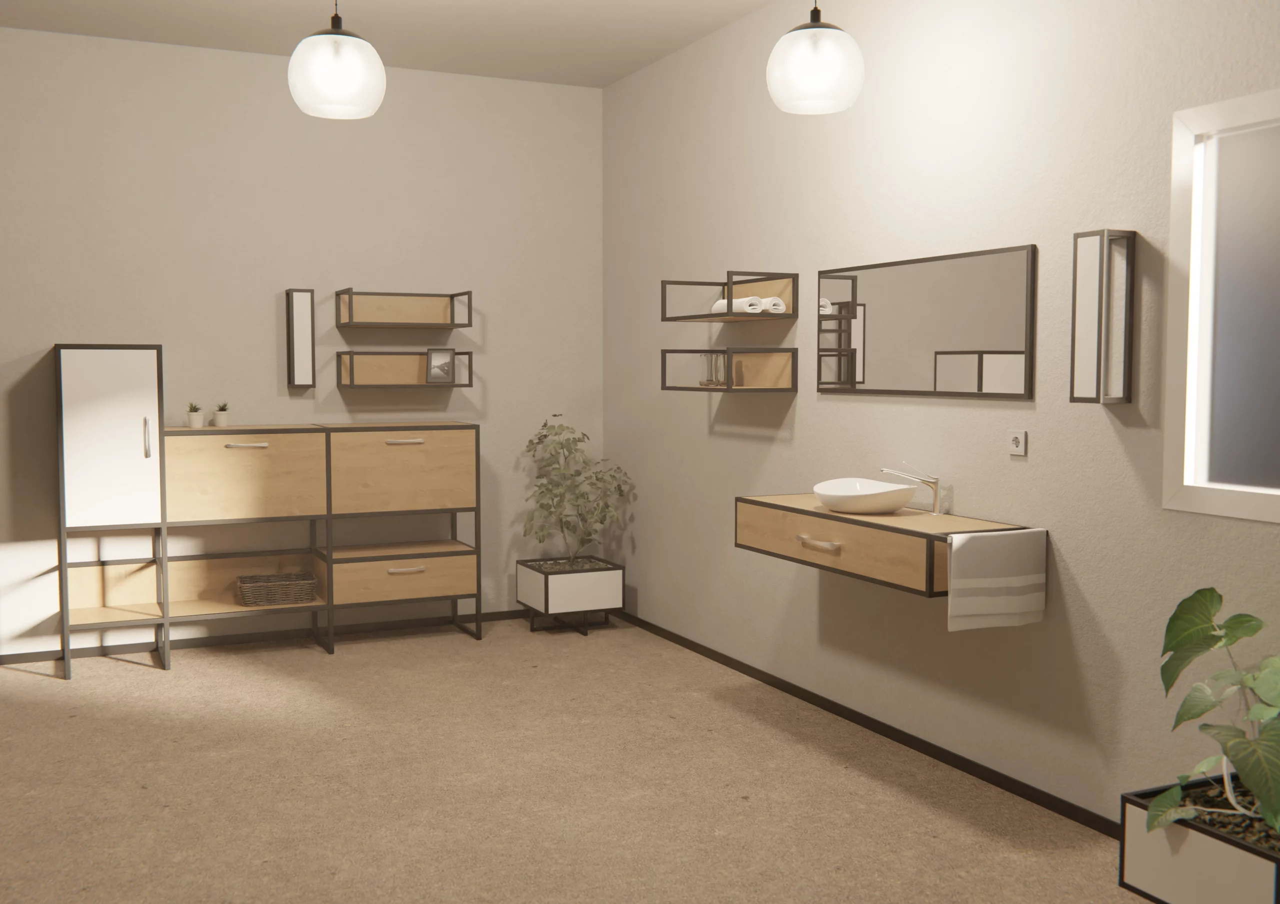 Ein Badezimmer mit einem Steinboden und weißen Wänden. Die Möbel sind alle aus den Bestandteilen des Edge-Systems zusammengebaut.