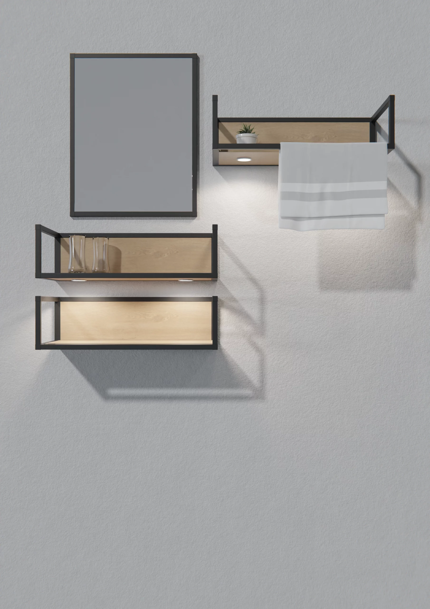 Drei Ablagefläche zusammengestellt aus dem Edge-System, mit mattschwarzen Verbindern und Profilen, angebracht an einer weißen Wand. Zudem ein Spiegel aus dem Edge-System.