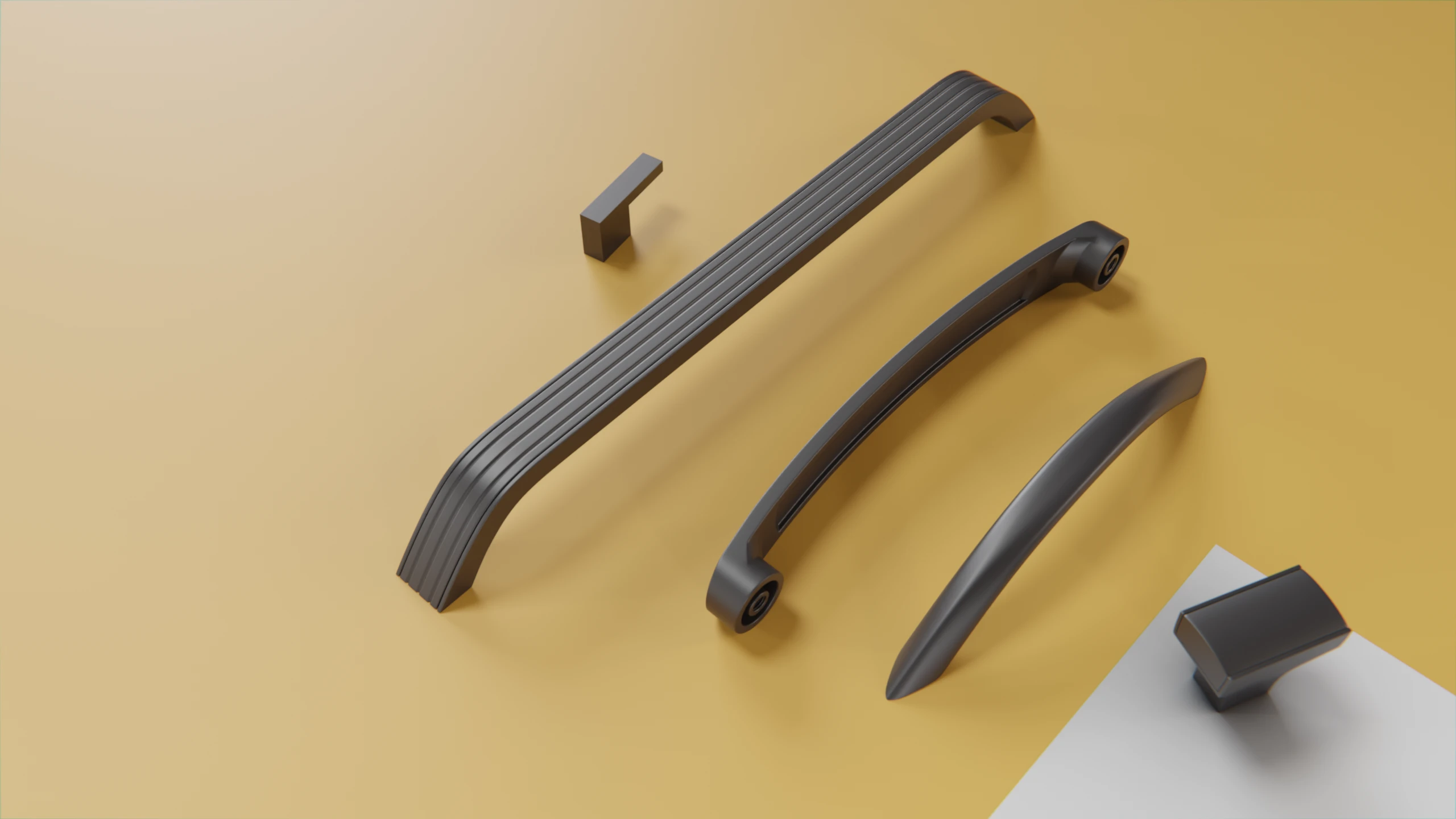 Eine Ansammlung von 3 Möbelgriffen und 2 Knäufen aus Aluminium auf gelben Hintergrund.