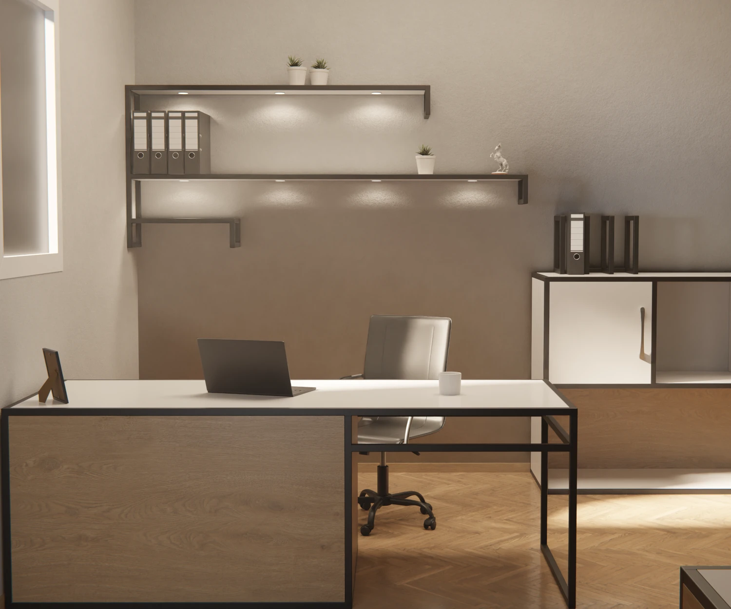 Ein Büro, das die verschiedenen Anwendungsmöglichkeiten vom edge-System klar macht. Schreibtisch, Kommode und Wandregal sind mittels edge-System zusammengestellt.