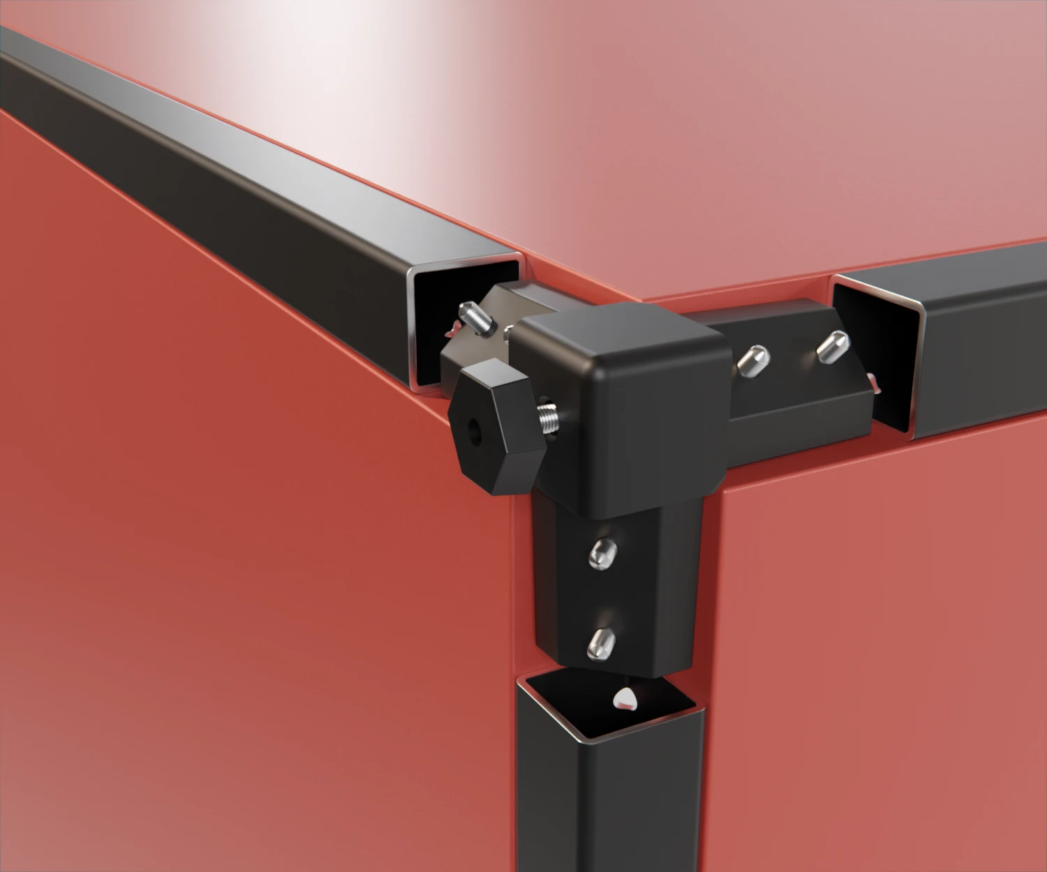 Ein edge-plus-Verbinder vom Typ FC-AD-15075 mit Stellfuß und edge-plus-Profilen zur Befestigung von roten Platten.