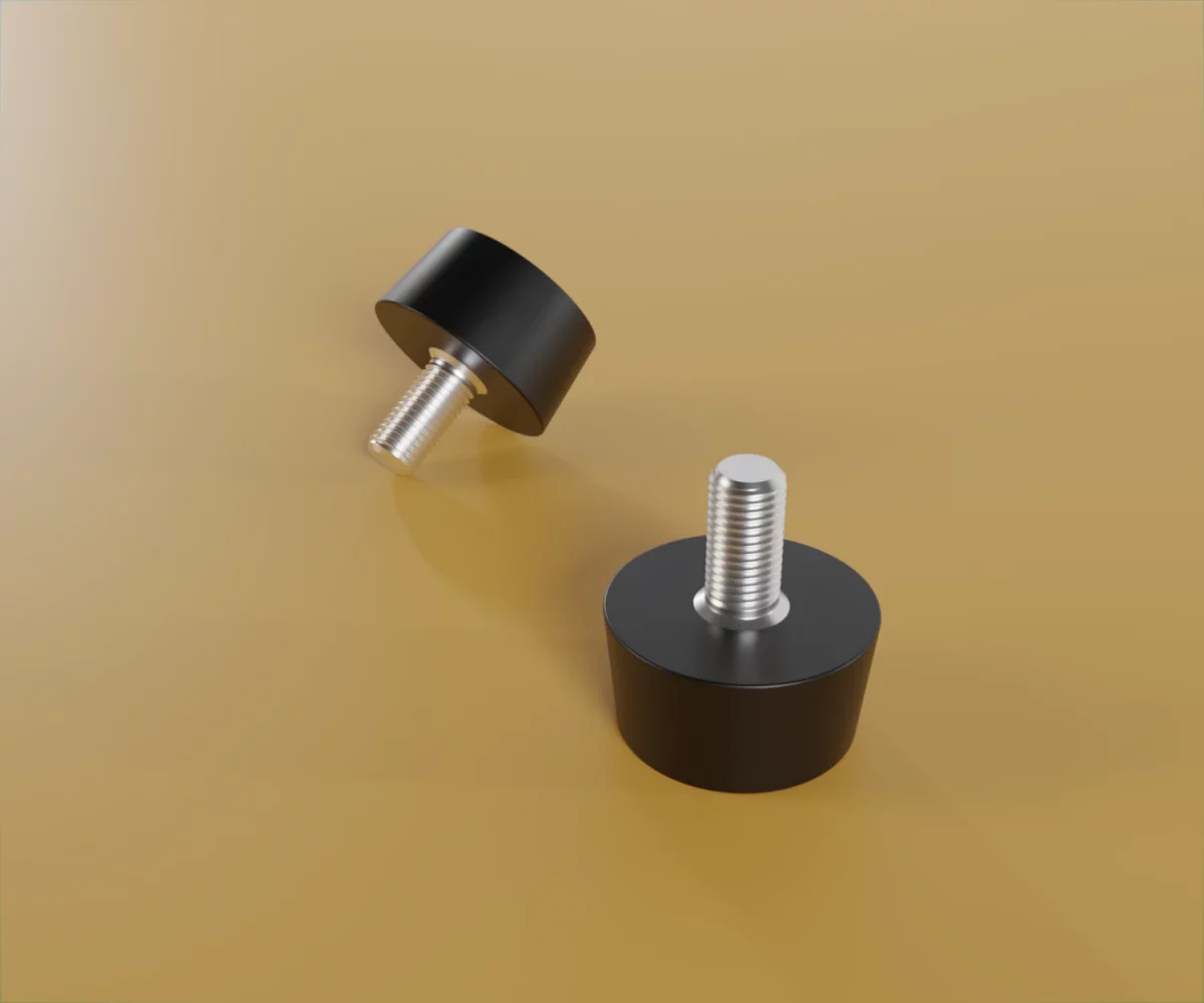 Zwei edge-Zubehörteile vom Typ FC-KF-15026 auf einem gelben Hintergrund. Hierbei handelt es sich um Stellfüße für das edge-System.